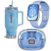 COMBO SMARTWATCH FTX AZUL + AURICULAR CON MICROFONO FTX AZUL + VASO TERMICO CON PAJITA AZUL